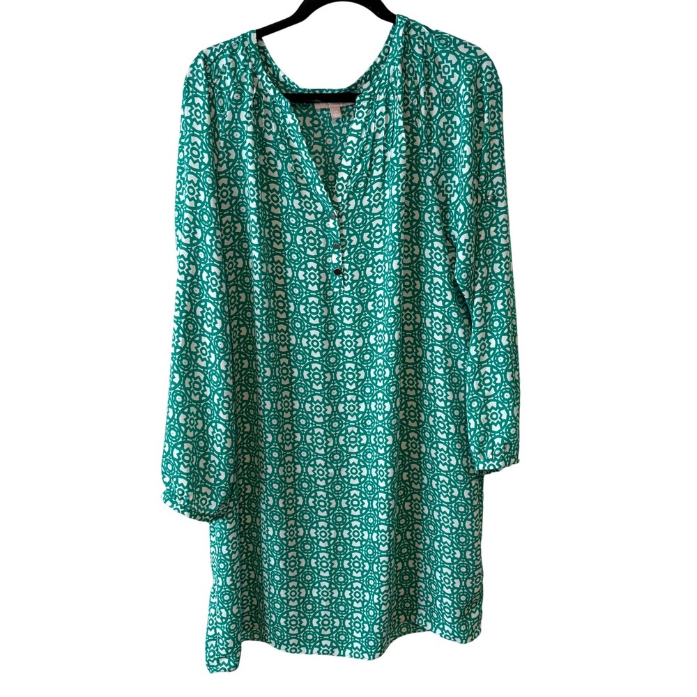 Banana Republic White and Green Medallion Print Long Sleeve Dress SIze 14